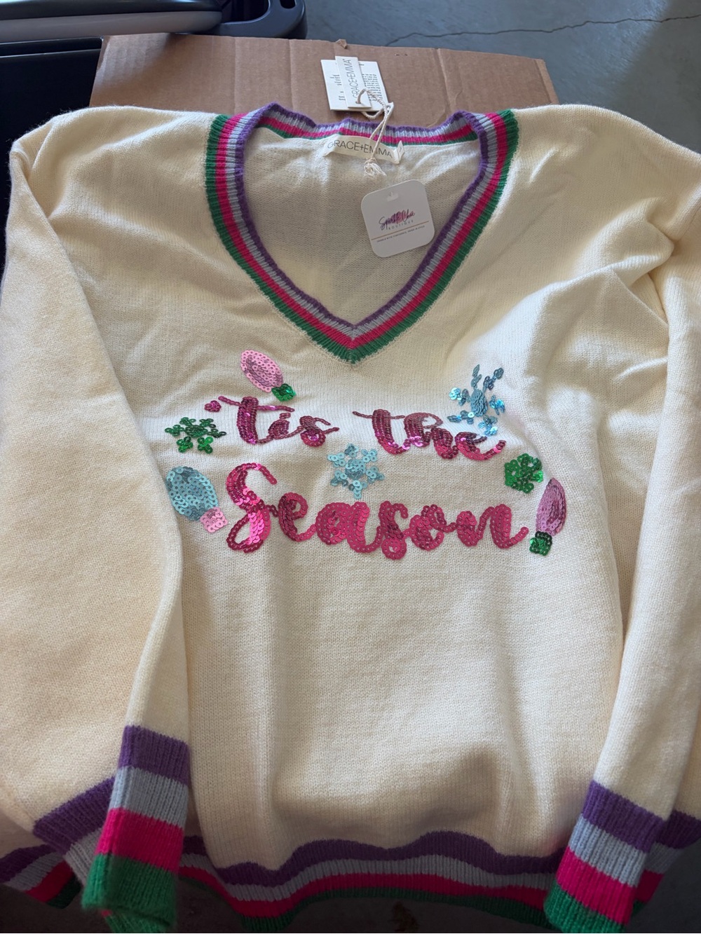 Women’s Cream V-Neck Holiday Sweater - 'Tis The Season - Picture 2 of 2